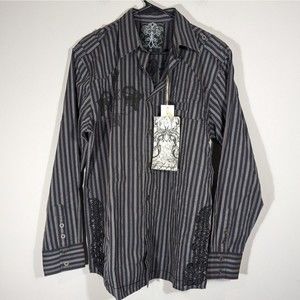 Roar Black Striped Long Sleeve Embroidered Button Down Nika Shirt Men Size M